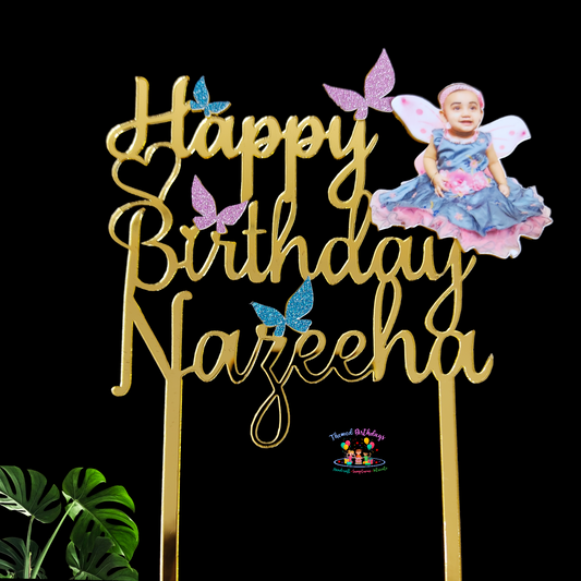 HAPPY BIRTHDAY WITH NAME, BABY PHOTO AND GLITTER BUTTERFLIES