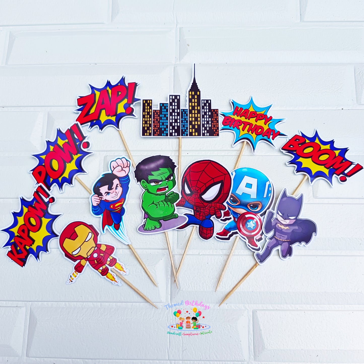 SUPER HEROES AND COMIC WORDS CUPCAKE TOPPERS (12 PCS)