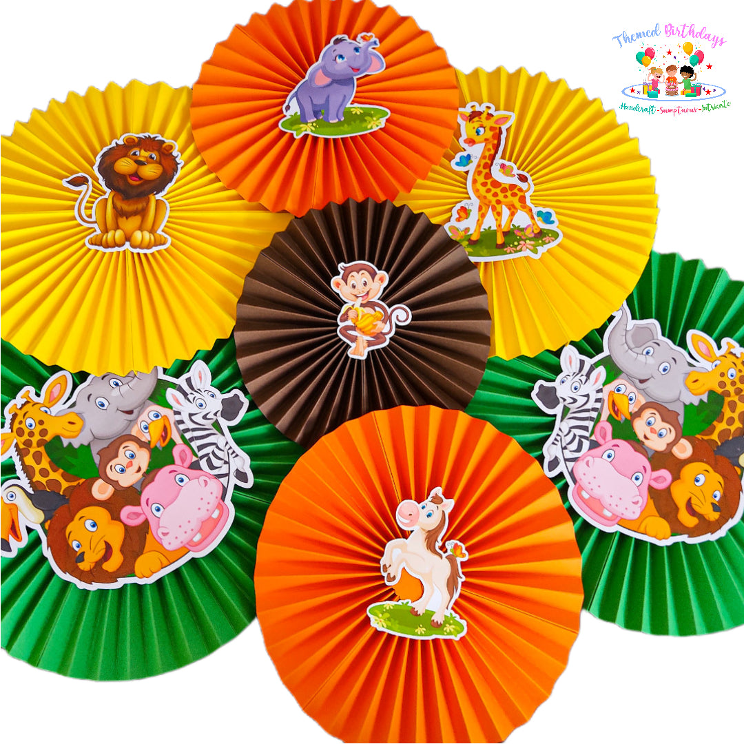 Jungle/Animal themed Paper Fans 7 Pcs Color combo 1