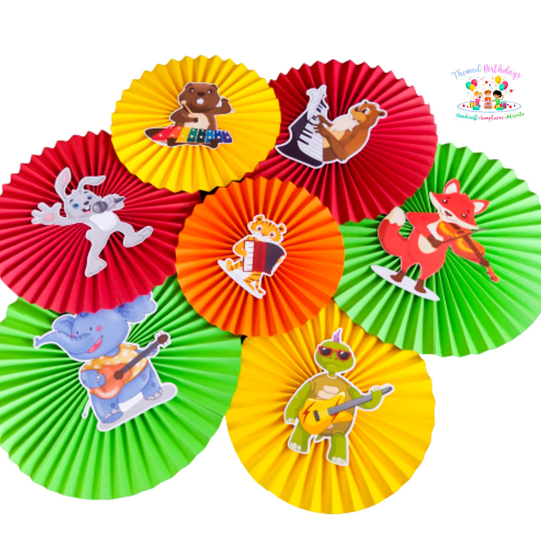 Animal Musical Party themed Paper Fans 7 Pcs Color combo 1